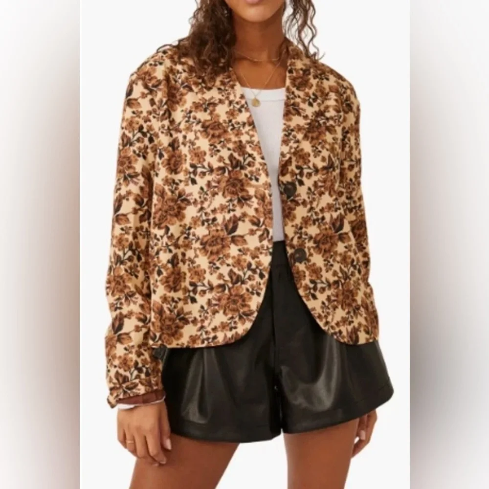 Free People Cali Floral Boxy Blazer M Brown Tan Boho Cottagecore Retro Oversized